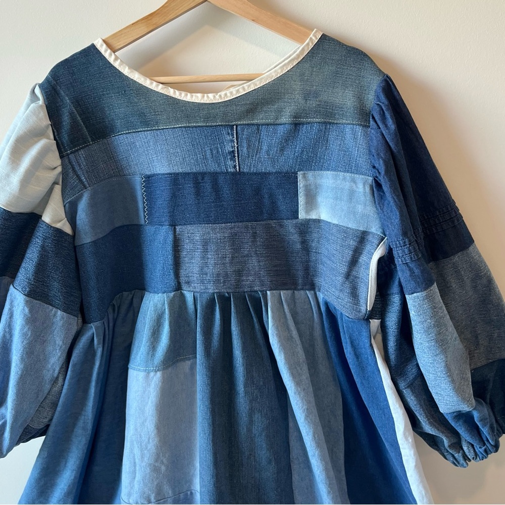 Handmade Denim Patchwork Quilted Puff Sleeves Cottage Dress SKU 04117 - Picture 9 of 16